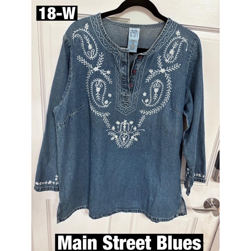 Denim Embroidered Tunic with beads by Main Street Blues Sz 18W